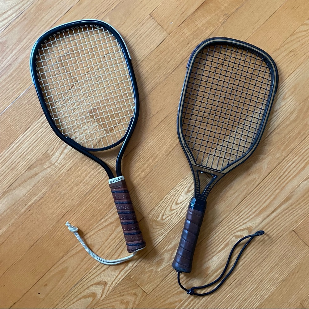VTG Tennis Racquets Pair Wood Outdoor Games Brown White Cross Stitch Embroidery